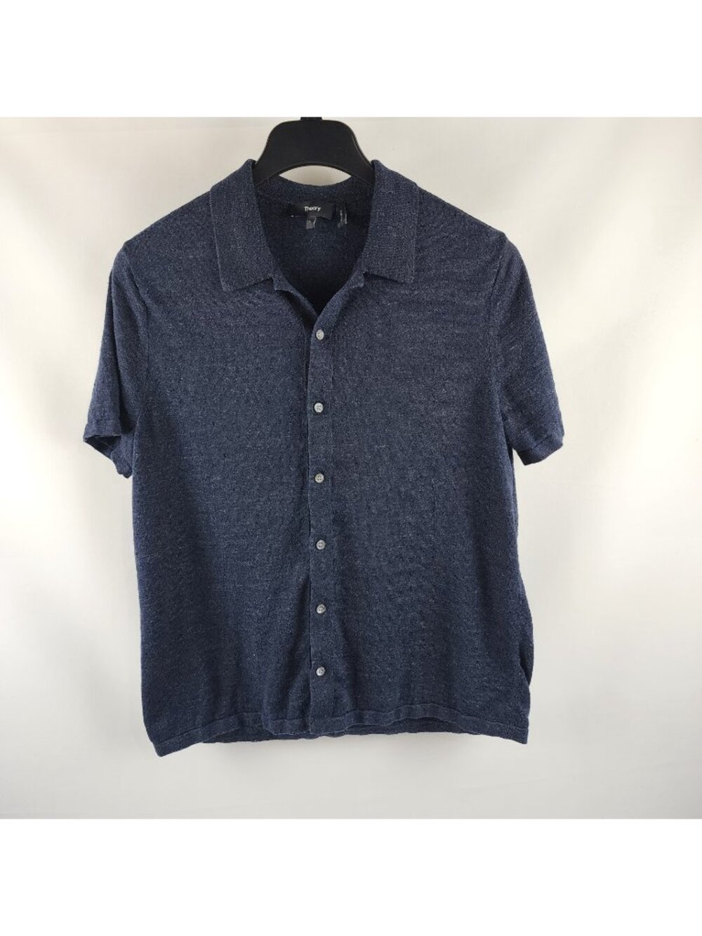 Theory Shirt Mens Large Navy Blue Heathered Knit S/S Melange Button Up